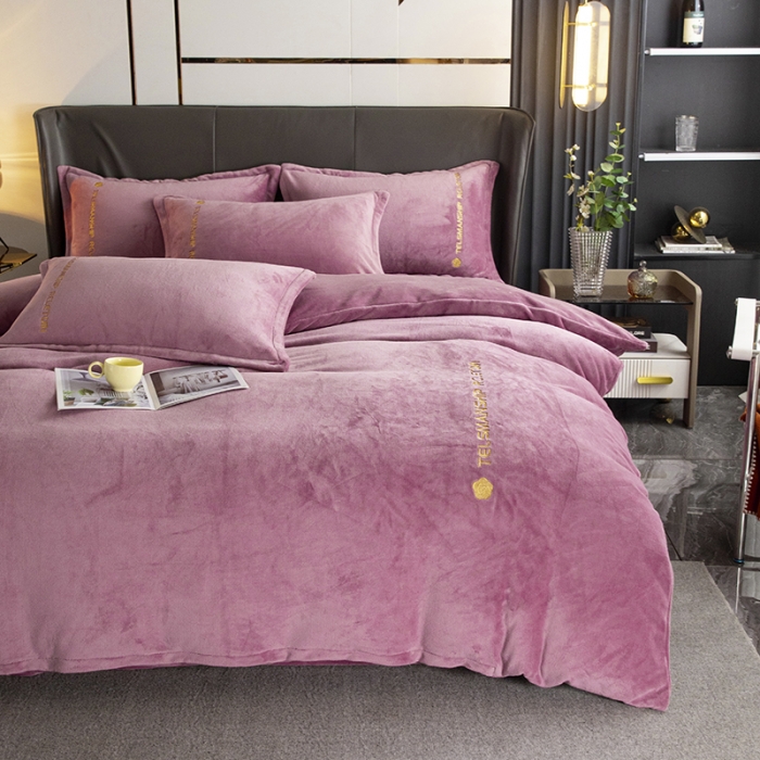 91家纺网 家纺一手货源 找家纺 斯卡诺直播爆款高克重纯色极简加厚牛奶绒四件套 山茶花-豆沙