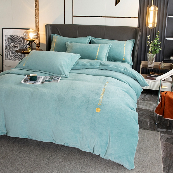 91家纺网 家纺一手货源 找家纺 斯卡诺直播爆款高克重纯色极简加厚牛奶绒四件套 山茶花-抹茶色