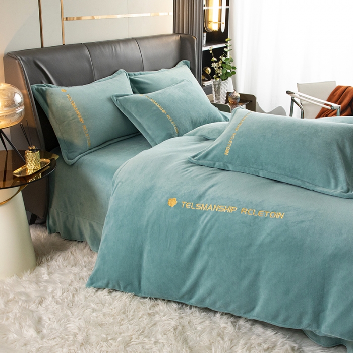 91家纺网 家纺一手货源 找家纺 斯卡诺直播爆款高克重纯色极简加厚牛奶绒四件套 山茶花-抹茶色