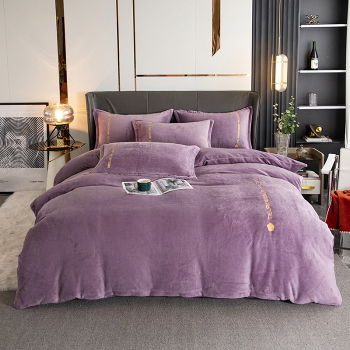 91家纺网 家纺一手货源 找家纺 斯卡诺直播爆款高克重纯色极简加厚牛奶绒四件套 山茶花-优雅紫