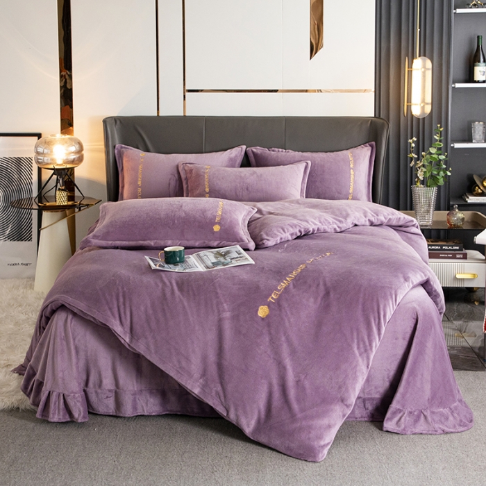 91家纺网 家纺一手货源 找家纺 斯卡诺直播爆款高克重纯色极简加厚牛奶绒四件套 山茶花-优雅紫