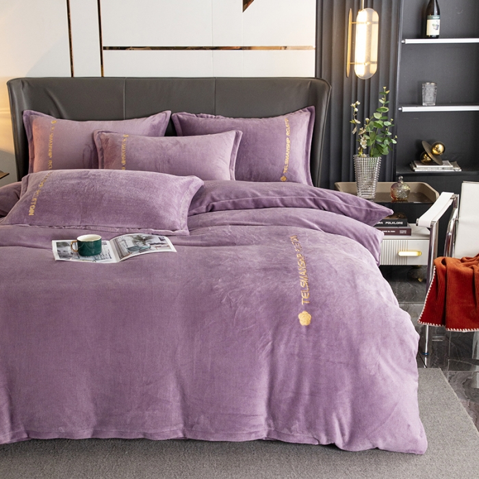 91家纺网 家纺一手货源 找家纺 斯卡诺直播爆款高克重纯色极简加厚牛奶绒四件套 山茶花-优雅紫