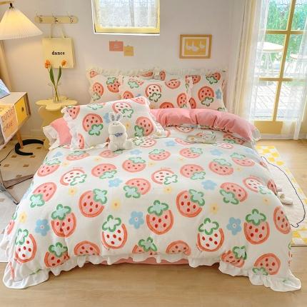 91家纺网 家纺一手货源 找家纺 总百寐22韩版花边抗静电保暖牛奶绒床单床笠四件套8.5斤直播