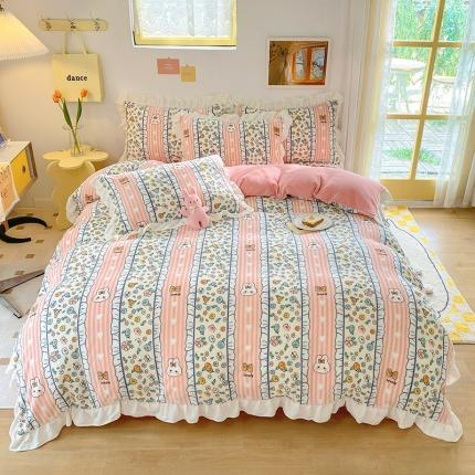 91家纺网 家纺一手货源 找家纺 总百寐22韩版花边抗静电保暖牛奶绒床单床笠四件套8.5斤直播