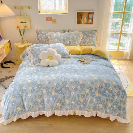 91家纺网 家纺一手货源 找家纺 总百寐22韩版花边抗静电保暖牛奶绒床单床笠四件套8.5斤直播