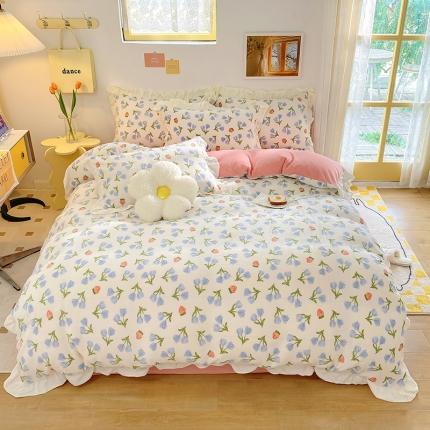 91家纺网 家纺一手货源 找家纺 总百寐22韩版花边抗静电保暖牛奶绒床单床笠四件套8.5斤直播