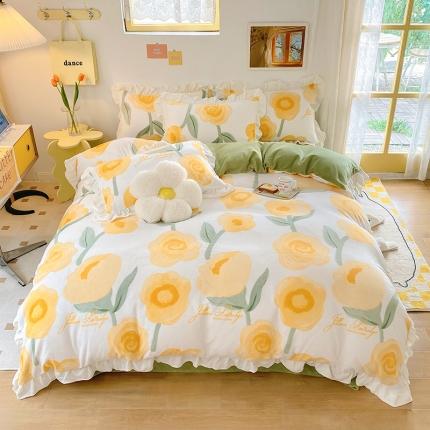 91家纺网 家纺一手货源 找家纺 总百寐22韩版花边抗静电保暖牛奶绒床单床笠四件套8.5斤直播