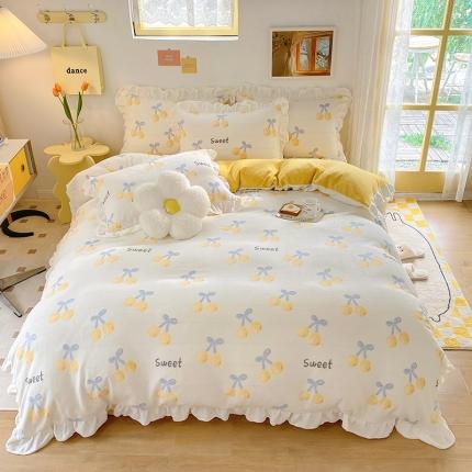 91家纺网 家纺一手货源 找家纺 总百寐22韩版花边抗静电保暖牛奶绒床单床笠四件套8.5斤直播