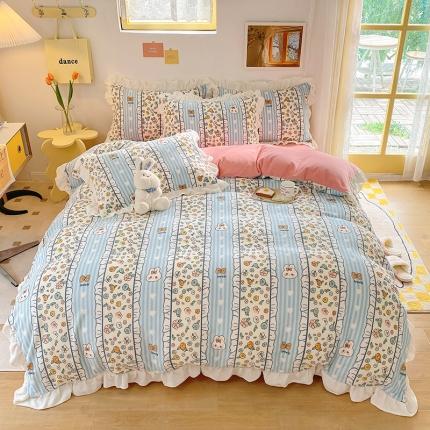 91家纺网 家纺一手货源 找家纺 百寐韩版花边抗静电保暖牛奶绒床单床笠四件套8.5斤直播花颜兰
