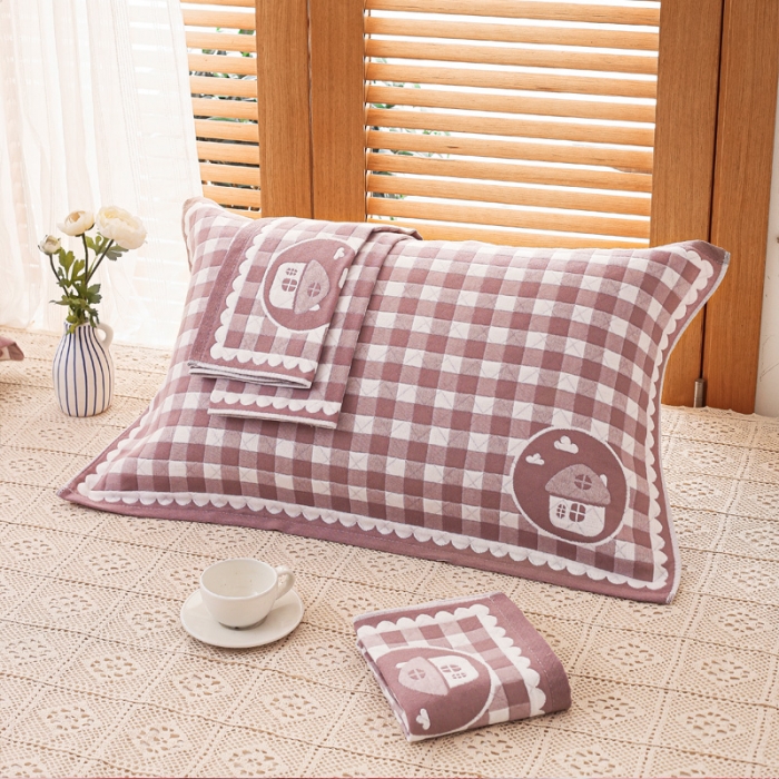 91家纺网 家纺一手货源 找家纺 朴尔 2022新款热销全棉加厚三层纱布枕巾（一对） 小房子驼（52*78）