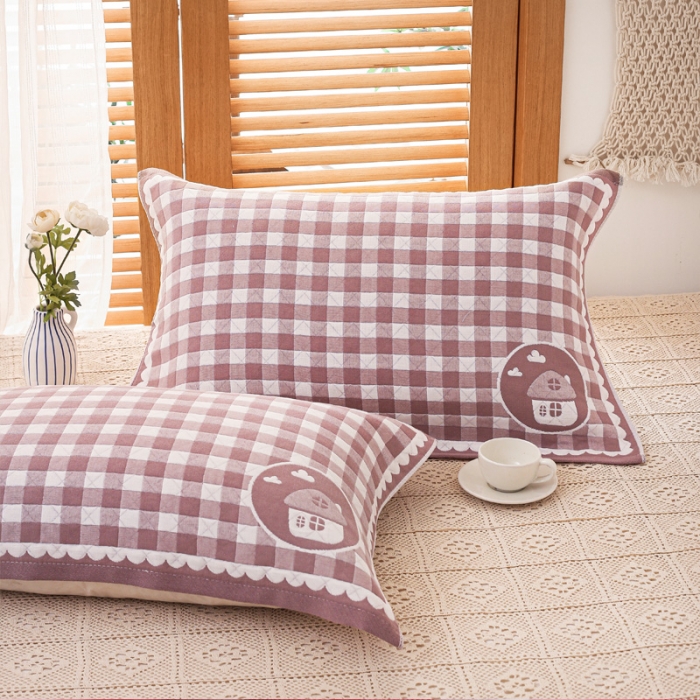 91家纺网 家纺一手货源 找家纺 朴尔 2022新款热销全棉加厚三层纱布枕巾（一对） 小房子驼（52*78）