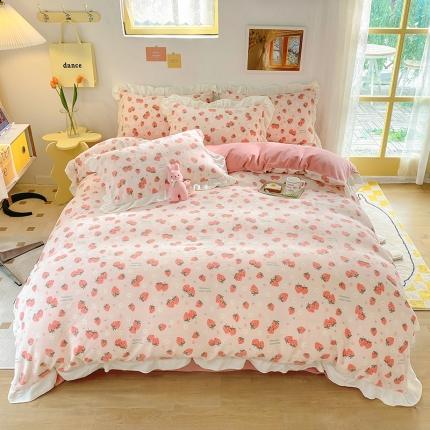 91家纺网 家纺一手货源 找家纺 百寐韩版花边抗静电保暖牛奶绒床单床笠四件套8.5斤直播小草莓