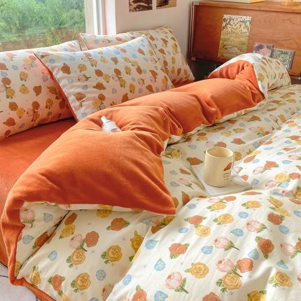 91家纺网 家纺一手货源 找家纺 百寐a13372全棉印花b加厚牛奶绒床笠棉加绒四件套花团似锦