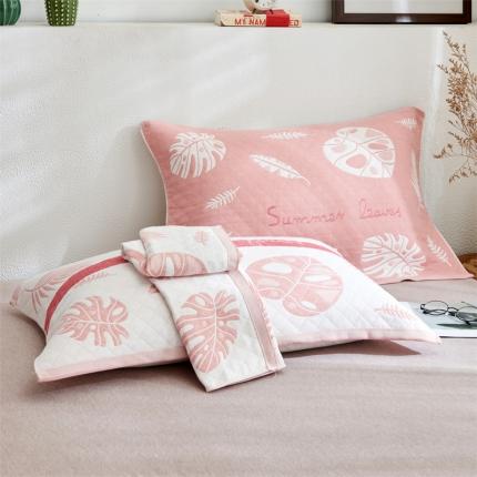 91家纺网 家纺一手货源 找家纺 朴尔 2022新款三层纱布枕巾（一对） 夏日芭蕉-粉（52*78）