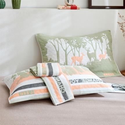 91家纺网 家纺一手货源 找家纺 朴尔 2022新款三层纱布枕巾（一对） 仙林小鹿-绿（52*78）