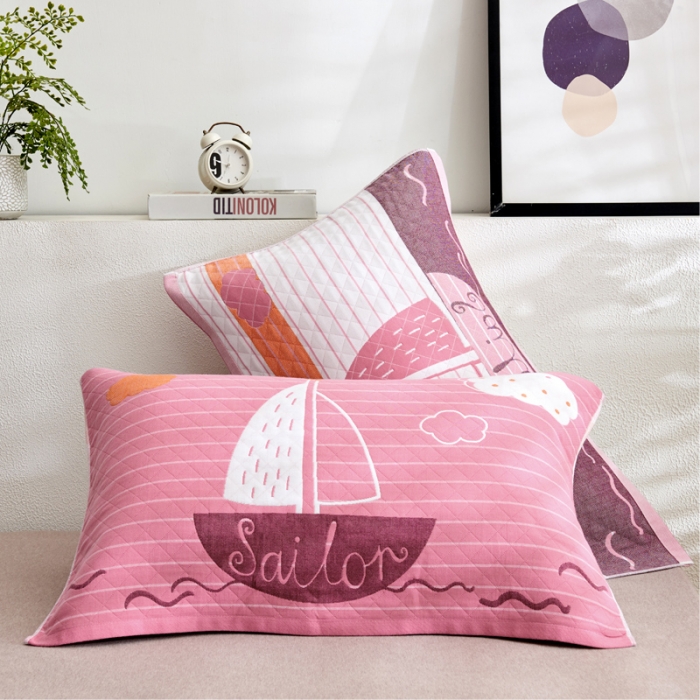 91家纺网 家纺一手货源 找家纺 朴尔 2022新款三层纱布枕巾（一对） 航行-粉（52*78）