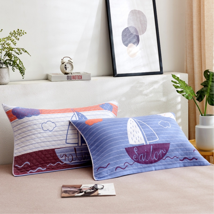 91家纺网 家纺一手货源 找家纺 朴尔 2022新款三层纱布枕巾（一对） 航行-兰（52*78）