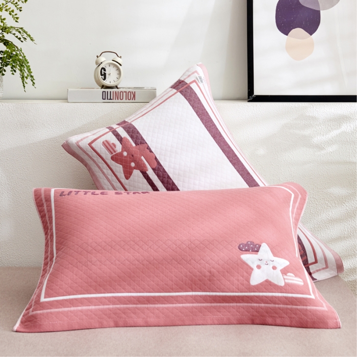 91家纺网 家纺一手货源 找家纺 朴尔 2022新款三层纱布枕巾（一对） 小星星-粉（52*78）