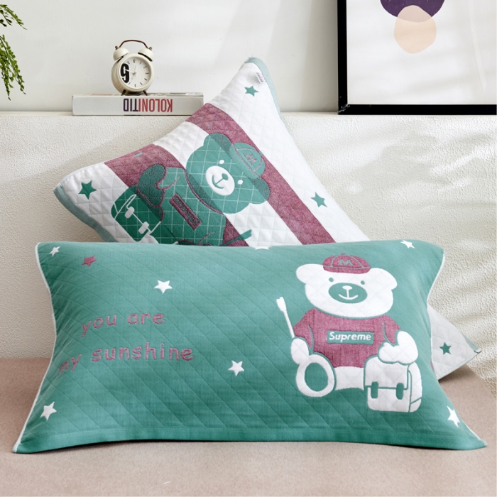 91家纺网 家纺一手货源 找家纺 朴尔 2022新款三层纱布枕巾（一对） 阳光熊-绿（52*78）