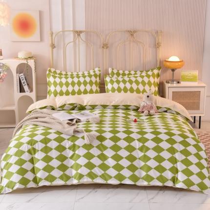 妖妖家纺 2023新款芦荟棉AB双版印花四件套 菱形格绿