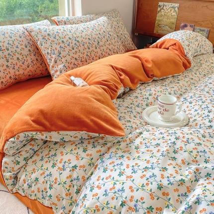 91家纺网 家纺一手货源 找家纺 百寐 a13372全棉印花b加厚牛奶绒床笠棉加绒四件套青栀