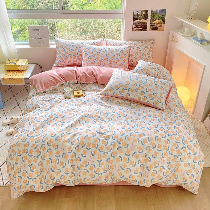 91家纺网 家纺一手货源 找家纺 百寐 a13372全棉印花b加厚牛奶绒床笠棉加绒四件套小花兔