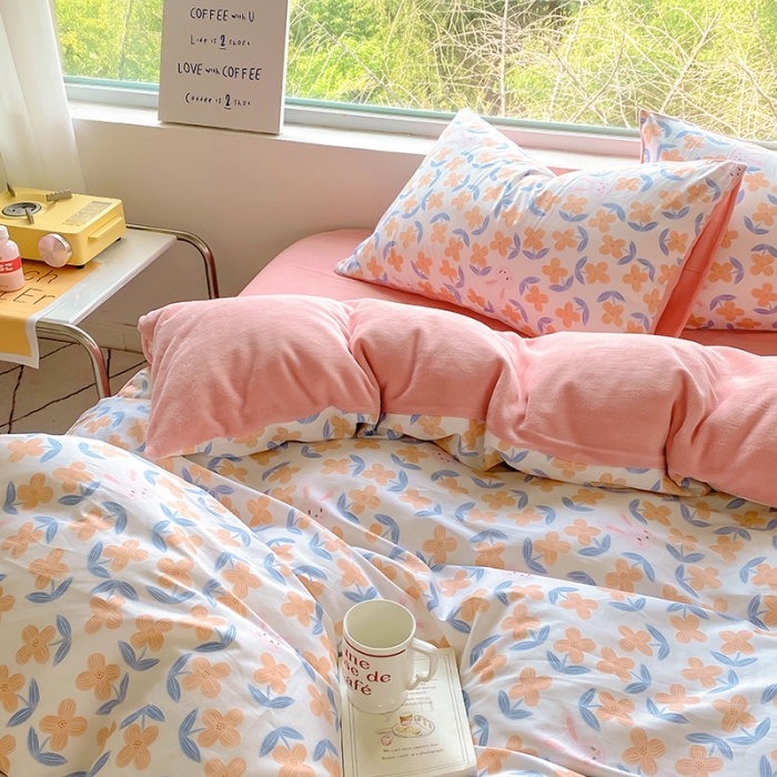 91家纺网 家纺一手货源 找家纺 百寐 a13372全棉印花b加厚牛奶绒床笠棉加绒四件套小花兔