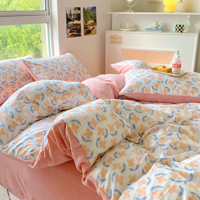 91家纺网 家纺一手货源 找家纺 百寐 a13372全棉印花b加厚牛奶绒床笠棉加绒四件套小花兔