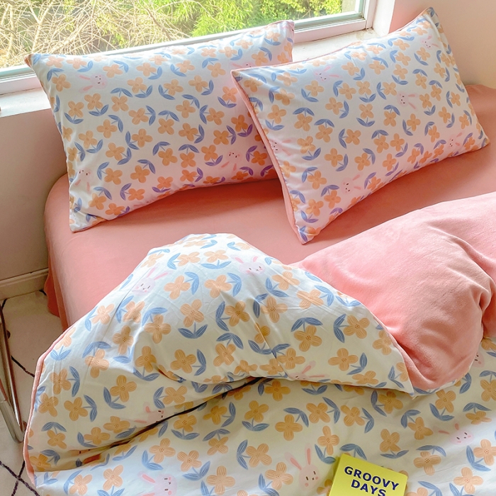 91家纺网 家纺一手货源 找家纺 百寐 a13372全棉印花b加厚牛奶绒床笠棉加绒四件套小花兔