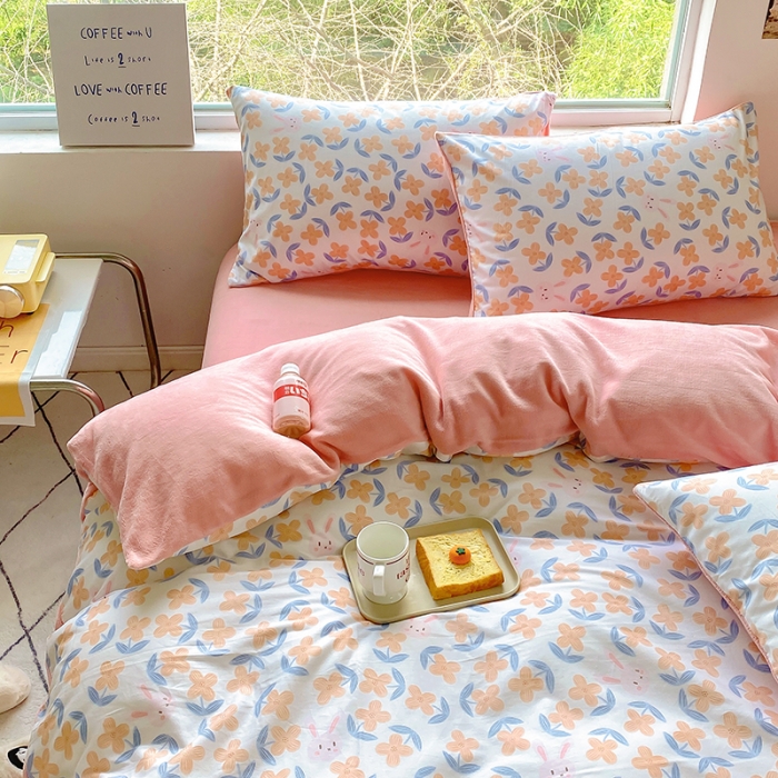 91家纺网 家纺一手货源 找家纺 百寐 a13372全棉印花b加厚牛奶绒床笠棉加绒四件套小花兔