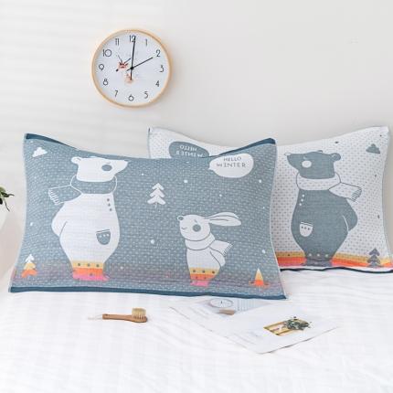 91家纺网 家纺一手货源 找家纺 朴尔 2022新款混纺三层纱布枕巾一对 爱心熊灰52*78