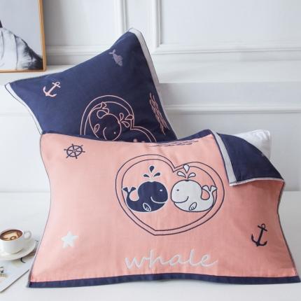 91家纺网 家纺一手货源 找家纺 朴尔 2022新款多彩全棉六层纱布大版花枕巾(一对） 鲸鱼之恋橘（50*80）