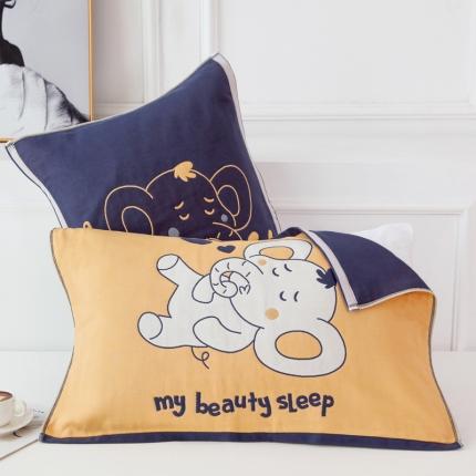 91家纺网 家纺一手货源 找家纺 朴尔 2022新款多彩全棉六层纱布大版花枕巾(一对） 可爱小象黄（50*80）