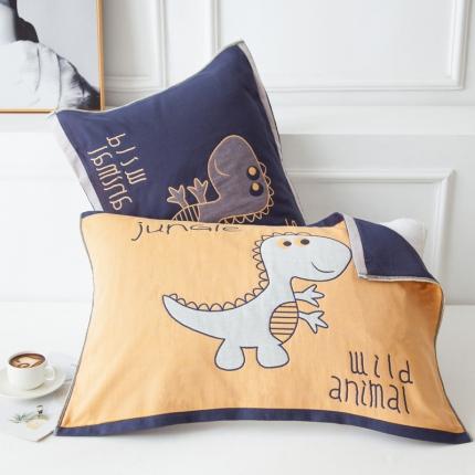 91家纺网 家纺一手货源 找家纺 朴尔 2022新款多彩全棉六层纱布大版花枕巾(一对） 恐龙世纪黄（50*80）