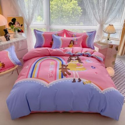 91家纺网 家纺一手货源 找家纺 金爱家 2023新款大版卡通磨毛四件套 糖果女孩-粉