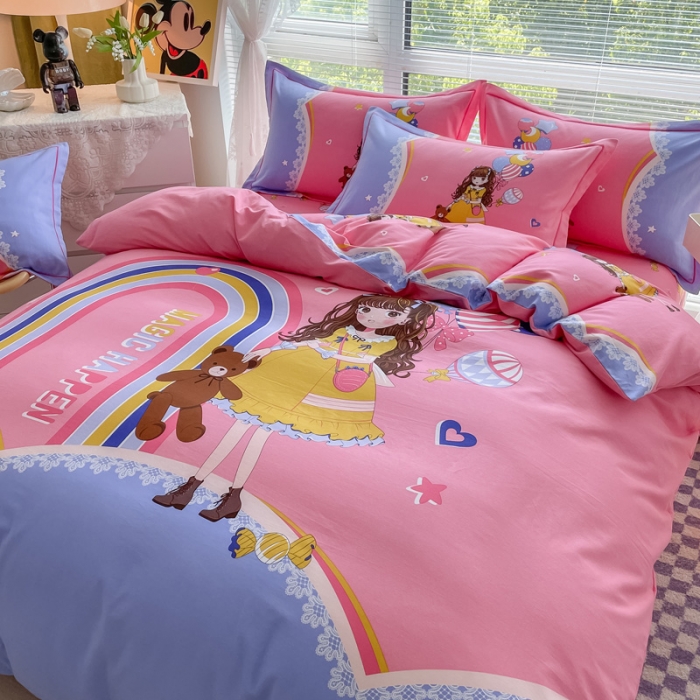 91家纺网 家纺一手货源 找家纺 金爱家 2023新款大版卡通磨毛四件套 糖果女孩-粉