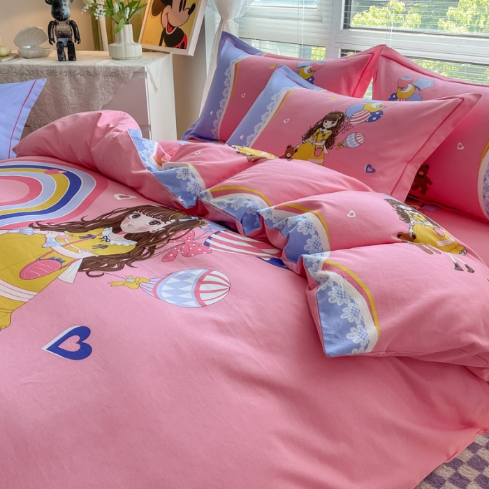 91家纺网 家纺一手货源 找家纺 金爱家 2023新款大版卡通磨毛四件套 糖果女孩-粉