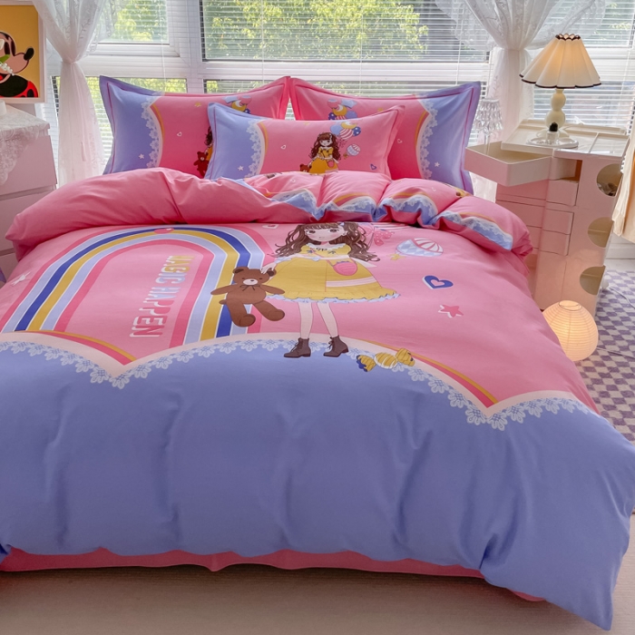 91家纺网 家纺一手货源 找家纺 金爱家 2023新款大版卡通磨毛四件套 糖果女孩-粉