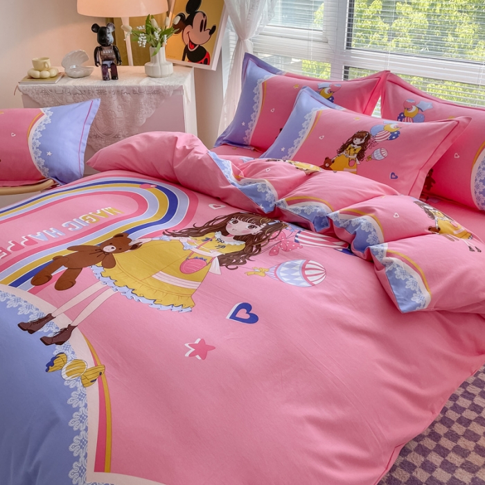 91家纺网 家纺一手货源 找家纺 金爱家 2023新款大版卡通磨毛四件套 糖果女孩-粉