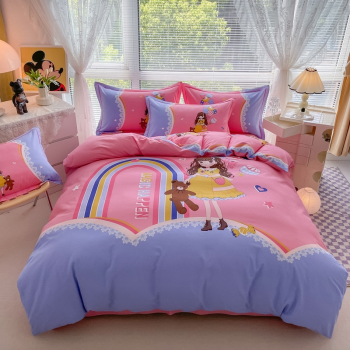 91家纺网 家纺一手货源 找家纺 金爱家 2023新款大版卡通磨毛四件套 糖果女孩-粉