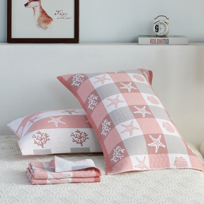 91家纺网 家纺一手货源 找家纺 朴尔 2022新款全棉加厚三层纱布枕巾 海洋粉（52*78）