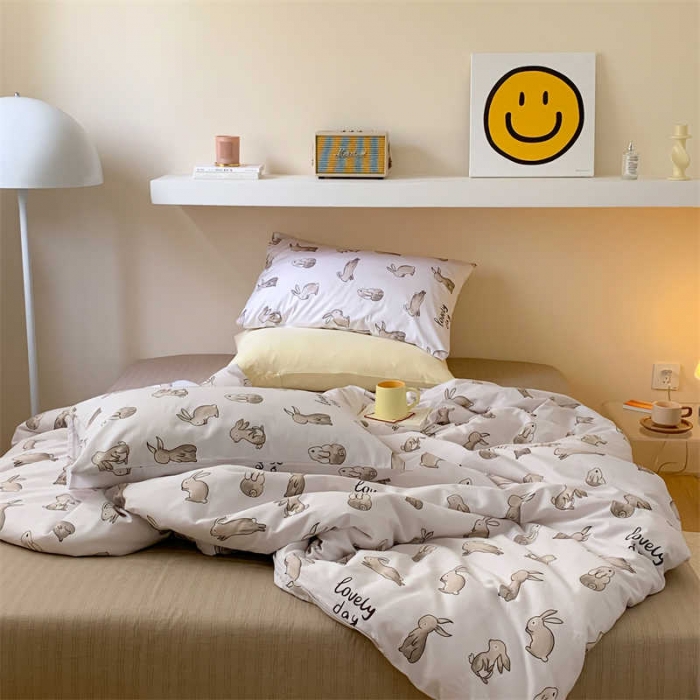 91家纺网 家纺一手货源 找家纺 金丝鸟 2022新款秋冬全棉印花系列四件套 椰叶兔