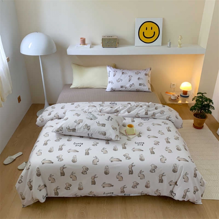 91家纺网 家纺一手货源 找家纺 金丝鸟 2022新款秋冬全棉印花系列四件套 椰叶兔