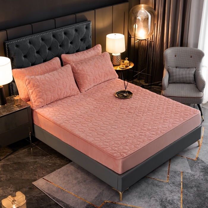 91家纺网 家纺一手货源 找家纺 凡客家居 2022新款加厚牛奶绒夹棉床笠 豆沙