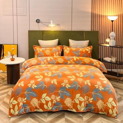 91家纺网 家纺一手货源 找家纺 凡客家居 2022新款牛奶绒印花系列四件套 秋意-桔