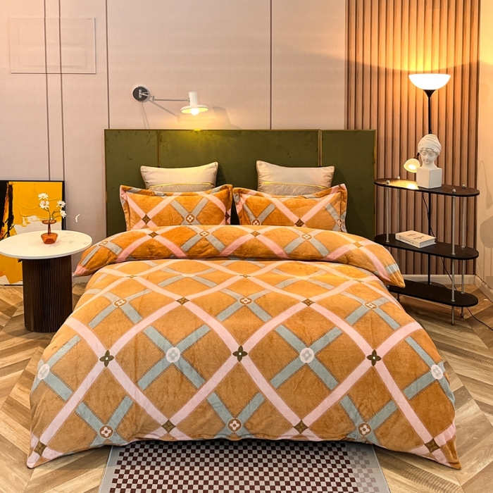 91家纺网 家纺一手货源 找家纺 凡客家居 2022新款牛奶绒印花系列四件套 爱丁堡-桔