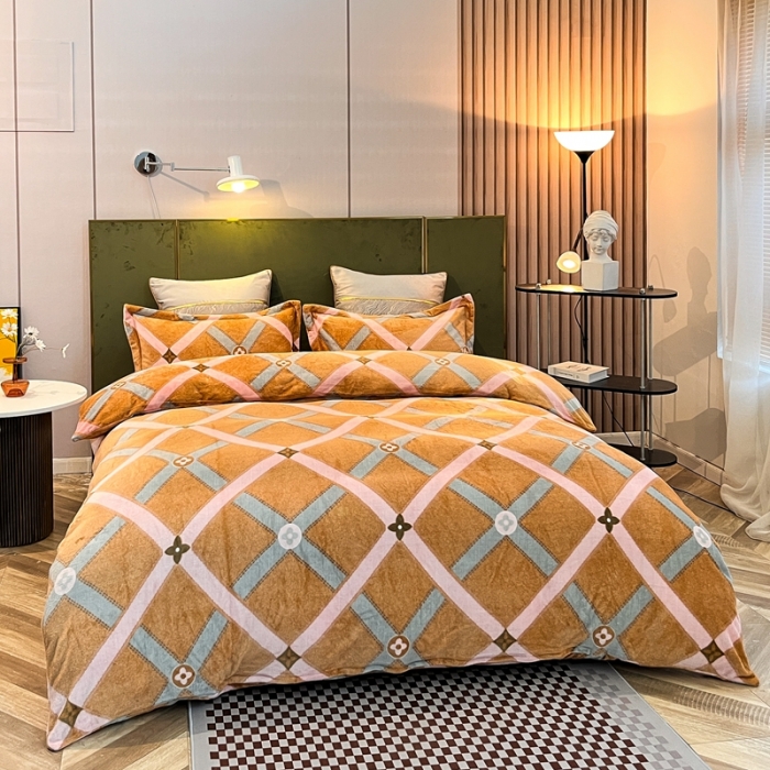 91家纺网 家纺一手货源 找家纺 凡客家居 2022新款牛奶绒印花系列四件套 爱丁堡-桔