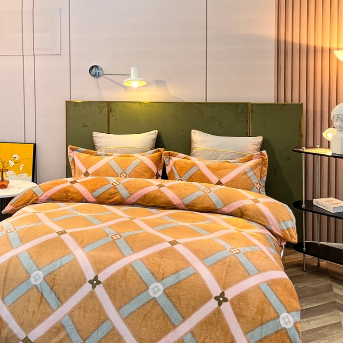 91家纺网 家纺一手货源 找家纺 凡客家居 2022新款牛奶绒印花系列四件套 爱丁堡-桔