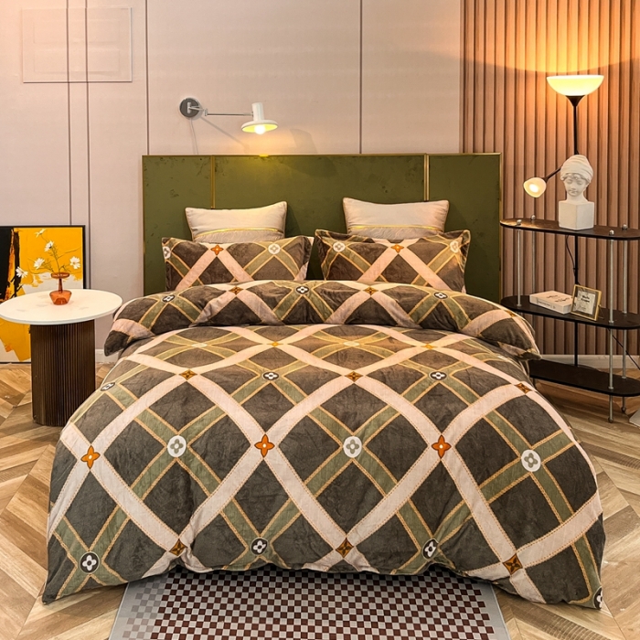 91家纺网 家纺一手货源 找家纺 凡客家居 2022新款牛奶绒印花系列四件套 爱丁堡-绿