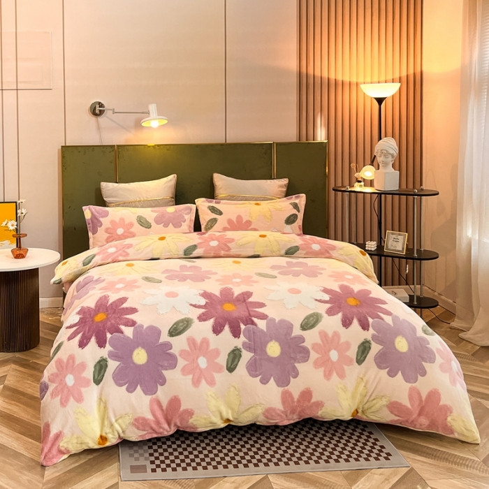 91家纺网 家纺一手货源 找家纺 凡客家居 2022新款牛奶绒印花系列四件套 诺拉